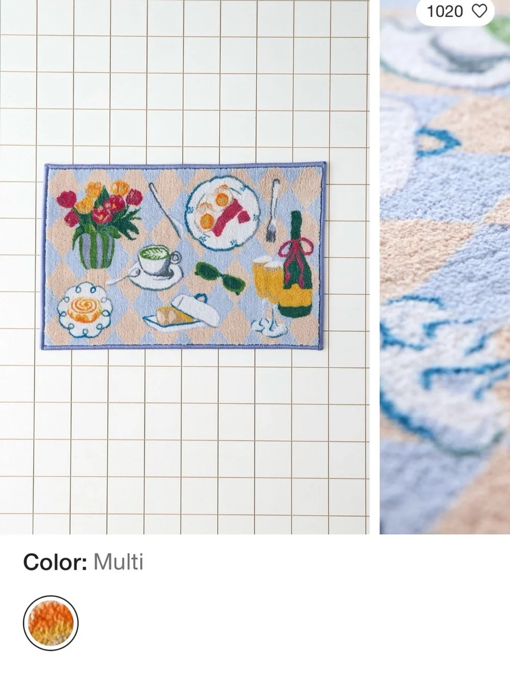 Bath Mat- Breakfast Print - Blue Beige, White